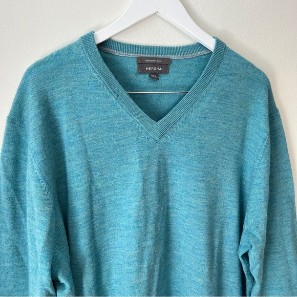 Men's Teal V-Neck Sweater 100% merino wool XXL - Picture 2 of 5
